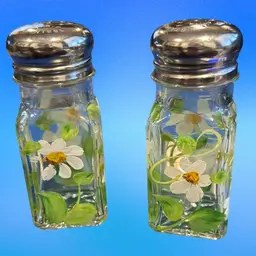 Vintage Glass Hand Painted Salt & Pepper Shakers With Stainless Lids