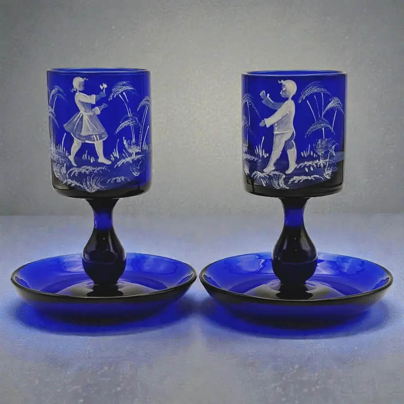 Vtg Italian Murano Sent Labeled Art Glass Blue Candle Holders Mary Gregory Style