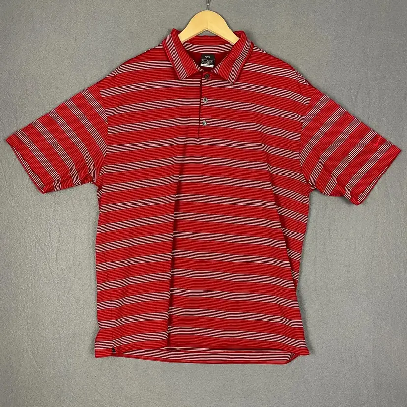 Nike Dri-Fit UV Polo Shirt Men's L Red Striped Short Sleeve Golf Performance M-1216