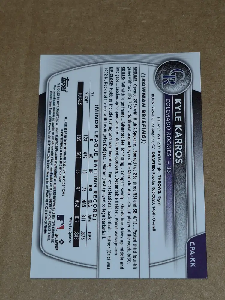 Kyle Karros 2025 Bowman Chrome 1st Bowman Green Reptilian Refractor Auto /99 #CPA-KK Rockies