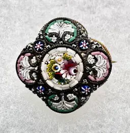 Antique Italian Square Micro Mosaic Floral Bouquet Flower Brooch, Absolutely Beautiful, Measures 1”