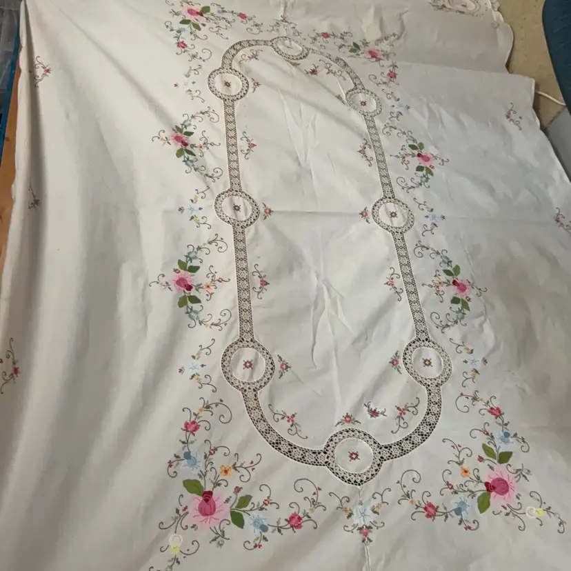 96” X 64” Hand Made And Embroidered Appliqué Crochet Tablecloth