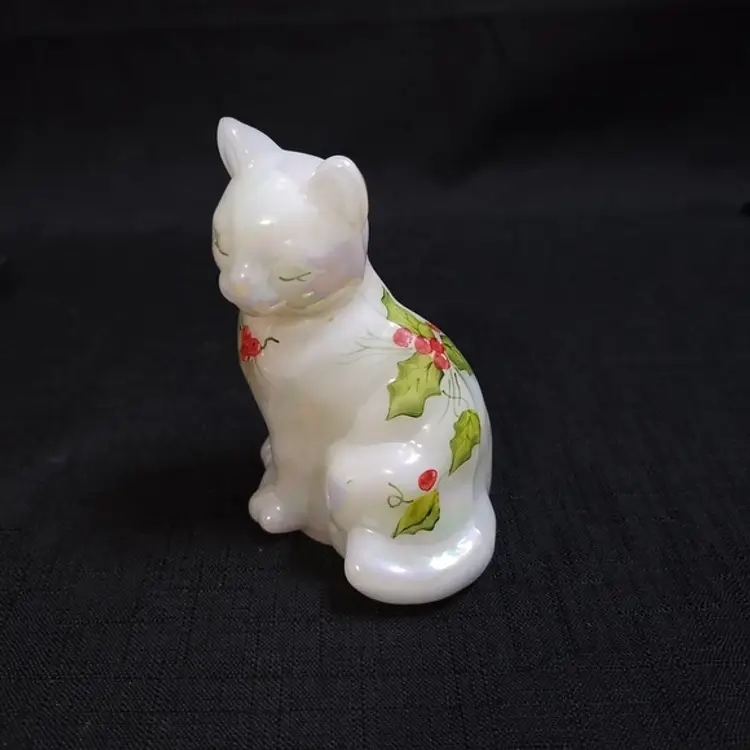 Fenton White Iridescent Glass Hand Painted Cat Figurine Holly Berries Signed