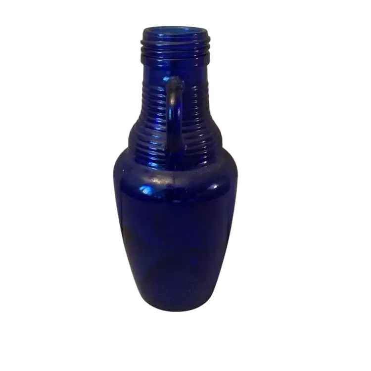 Cobalt Blue Luna Cafe Ribbed Double Handle Bottle 2 3/4 X 7 Inches