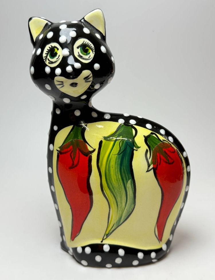 Anatoly Turov Russian Artist Cat Figure Black Polka Dots Chili Peppers Signed