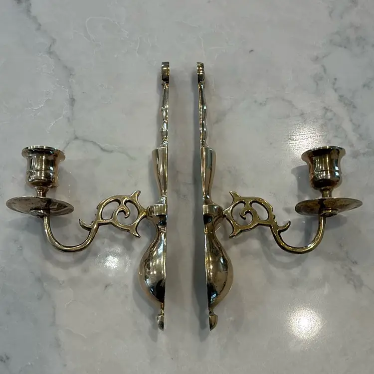 Pair Of Vintage Solid Brass Sconce Candle Holders