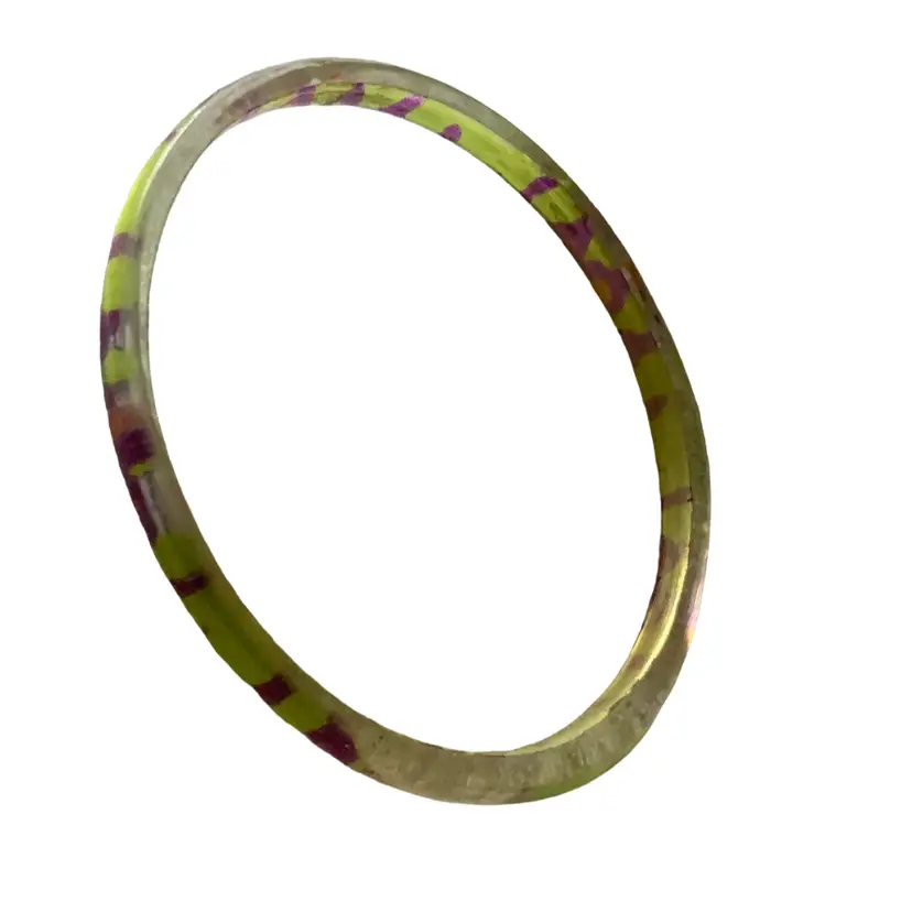Vintage Jelly Look Acrylic Bracelet Bangle With A Glossy Pastel Lime Green With Purple Triangles And Stripes Finish Semi-translucent 