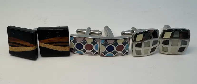 Lot of 3 Joseph Abboud & Vintage MCM Wood Inlay Silver Tone Designer Cufflinks
