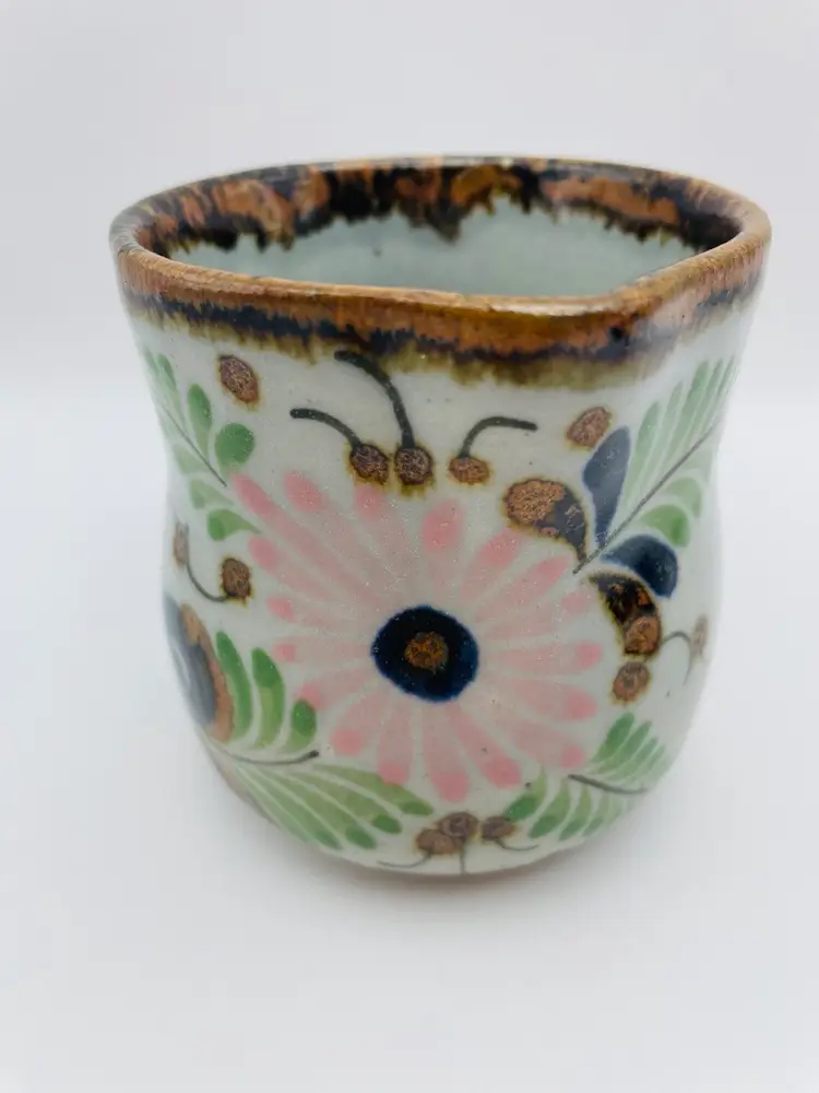 Ken Edwards Pottery Creamer/Pitcher 3.3” Tall Pink Flower El Palomar Mexico