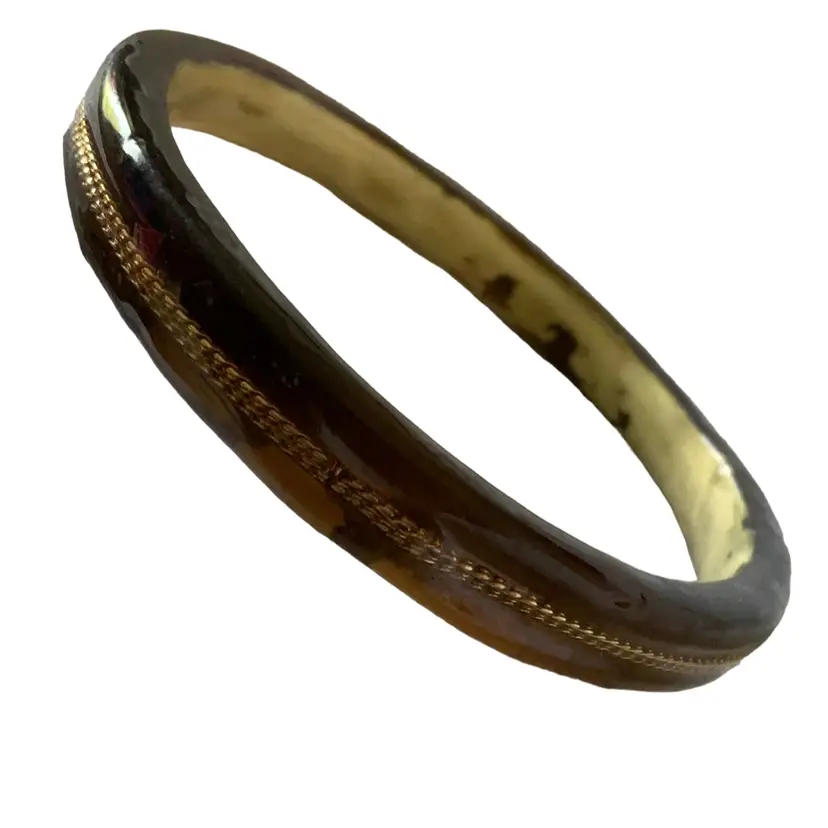 Vintage Jelly Look Acrylic Bracelet Bangle With A Glossy Chocolate Brown Animal Print With Gold Rhinestone Inlay Finish Semi-translucent 