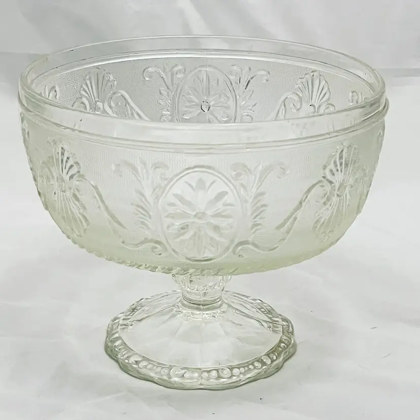 Indiana Glass Daisy Medallion Compote Pedestal Bowl Clear Stippled VTG EUC