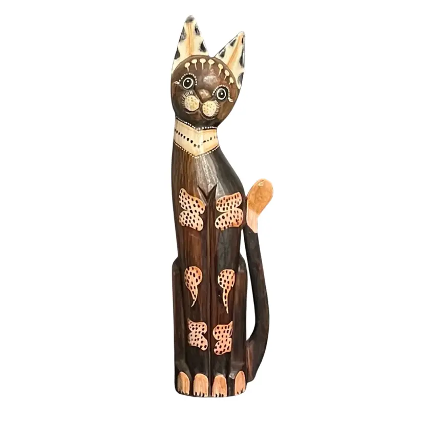 Cat Figure Statue 20” Folk Art Hand Carved And Painted Wood Jamaica