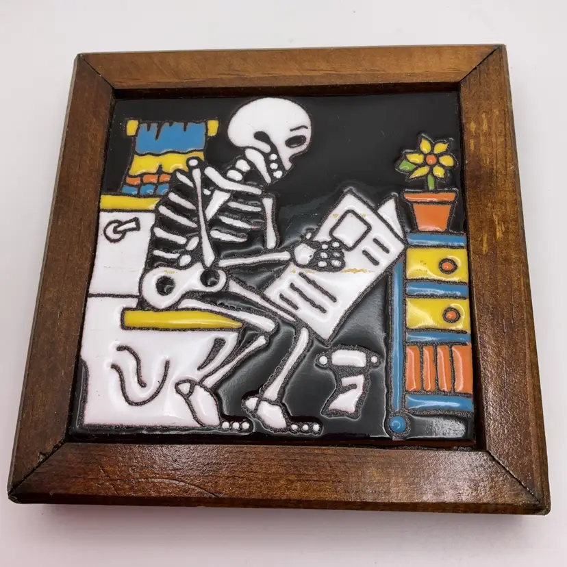 ITW Wood and Ceramic Trivet Tile Skull on Potty from Mexico 5.25" Square Wall Art