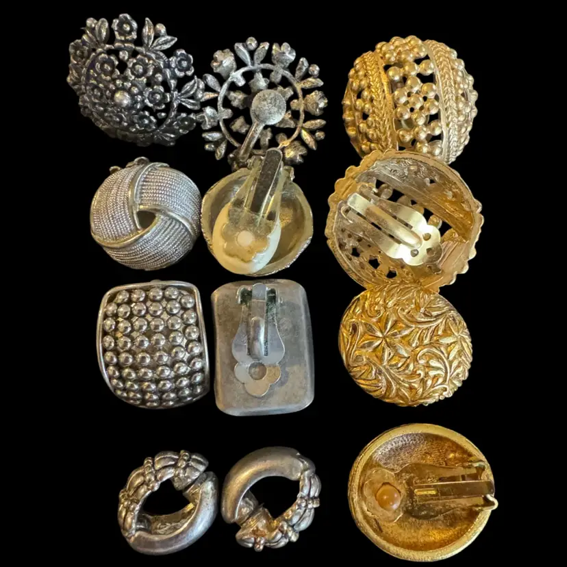 6 Pairs Of Vintage Silver And Gold Tone Clip Earrings, One Pair Magnetic