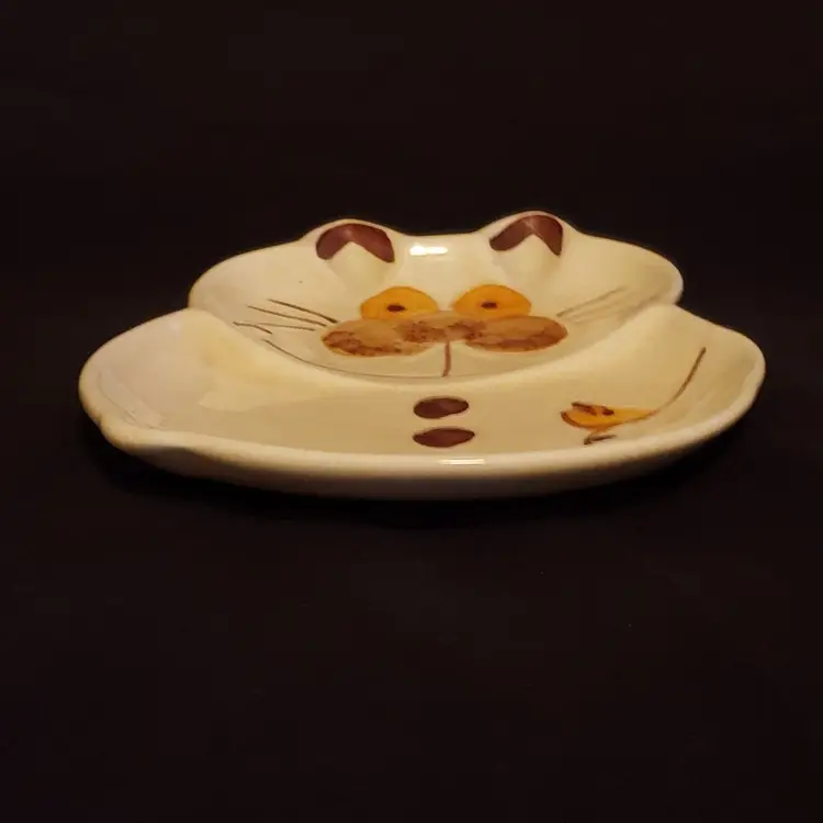 Cat with Goldfish Dish Ceramic Gold Tan Orange 6.5" X 7.75" x 1" Signed Vintage