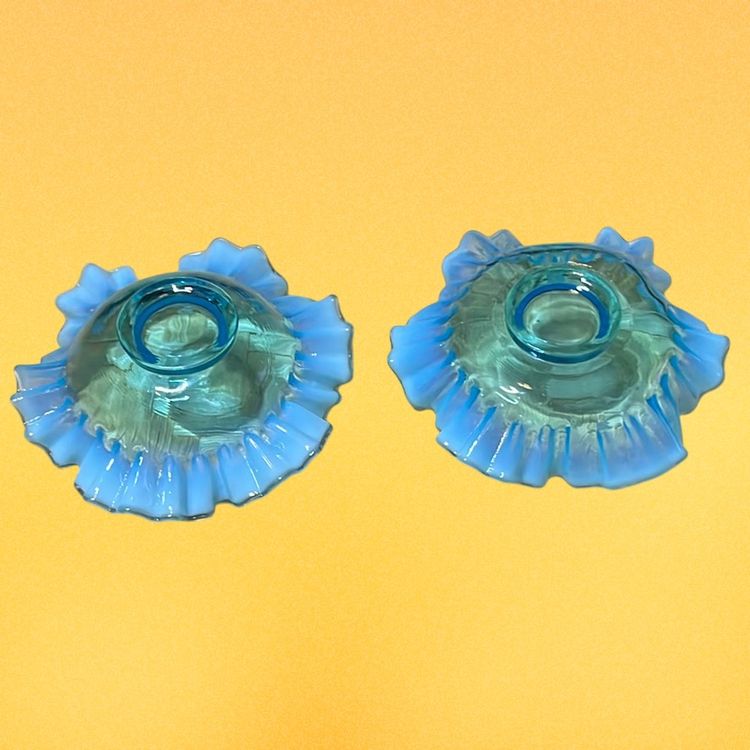 04. Fenton Blue Opalescent Crimped And Ruffled Art Glass 5.25" Bowls