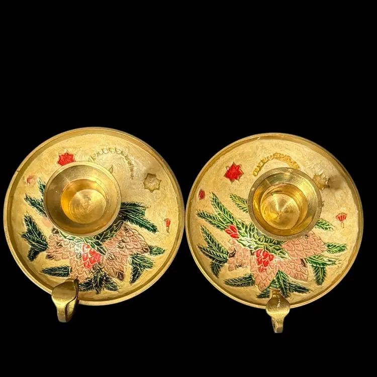 Set of Two Vintage Brass Cloisonné Chamber Stick Candle Holder Finger Loop Drip Tray Boughs With Pine Cones & Red Candle
3-3/8” T x 4-1/4” W