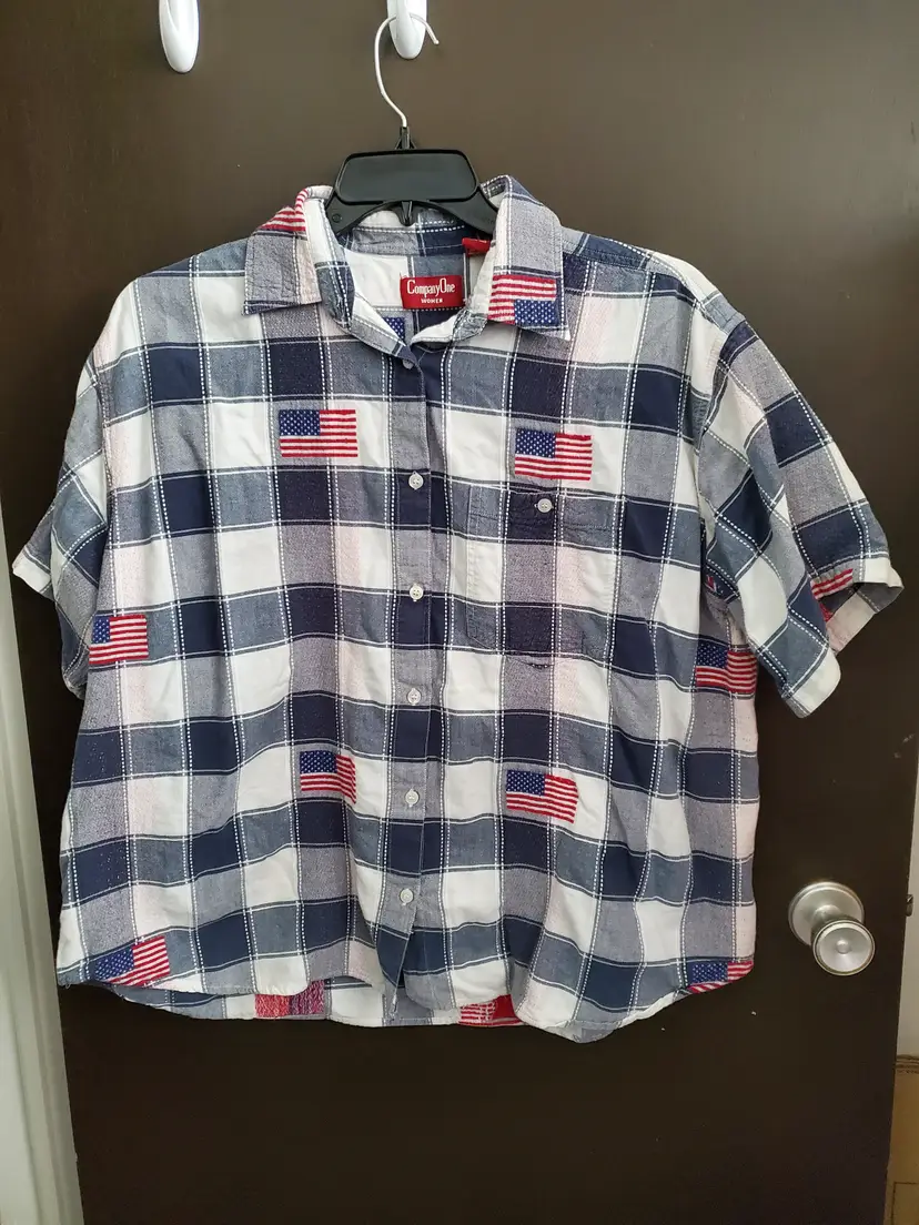 Company One Women's Short Sleeve with Pocket Shirt: Blue, White Plaid with Flags