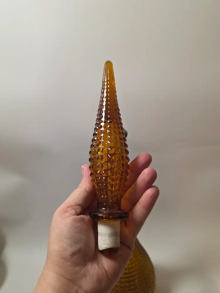 Vintage Amber Glass Empoli Genie Bottle 21.5" Tall Made In Italy Hobnail