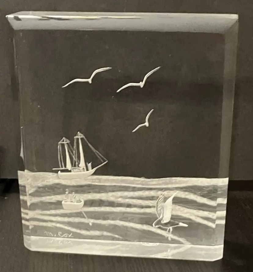 Hand Carved MICHAEL COX Acrylic Lucite "SEASCAPE" Paperweight