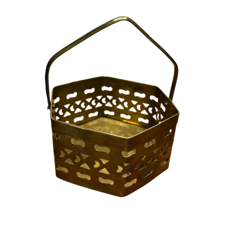 Vintage Brass Hexagonal Basket With Handle Made In India @ 3 1/2x2