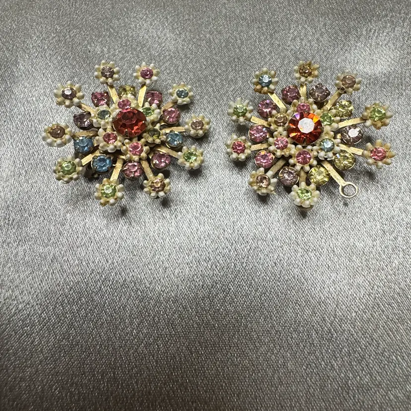 Vintage Signed LERU Pastel Rhinestone Starburst Earrings - MCM Atomic Snowflake Clip-Ons