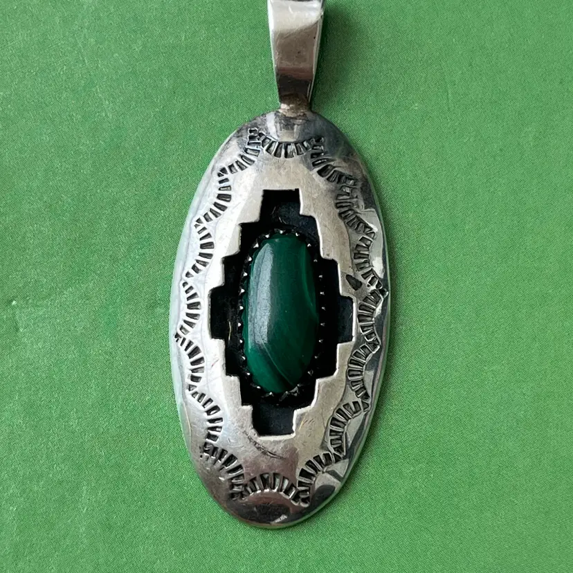 Native American Sterling Silver Malachite Shadow Box Pendant Signed P