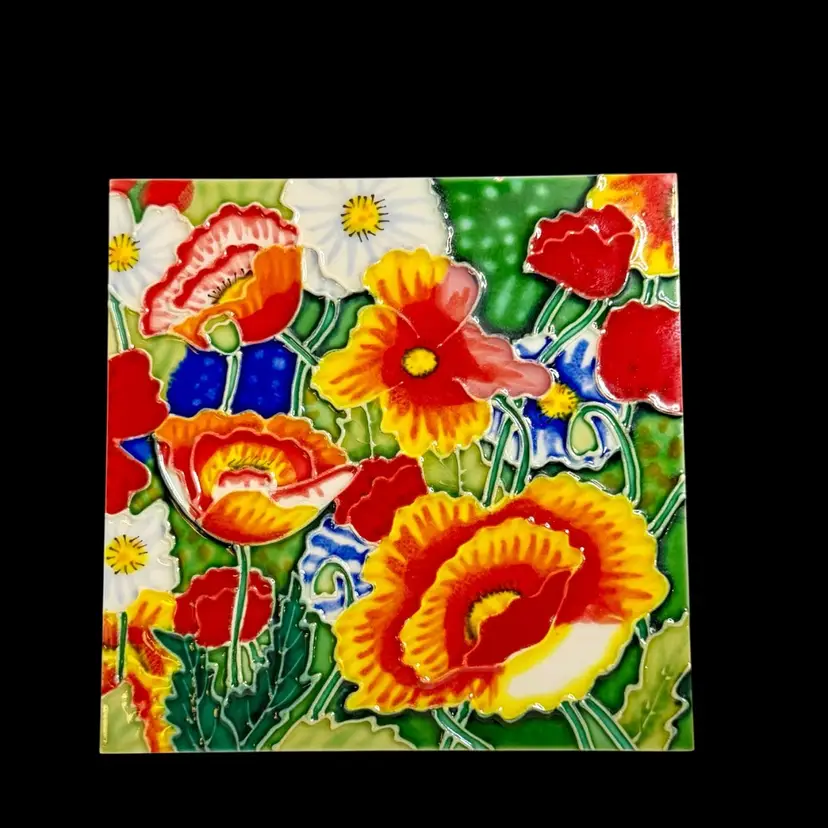 Flower hand painted ceramic art tile 8 x 8 inches with fiberboard back Wall/Shelf Decor Bright Multicolored Flowers
7-7/8” Square