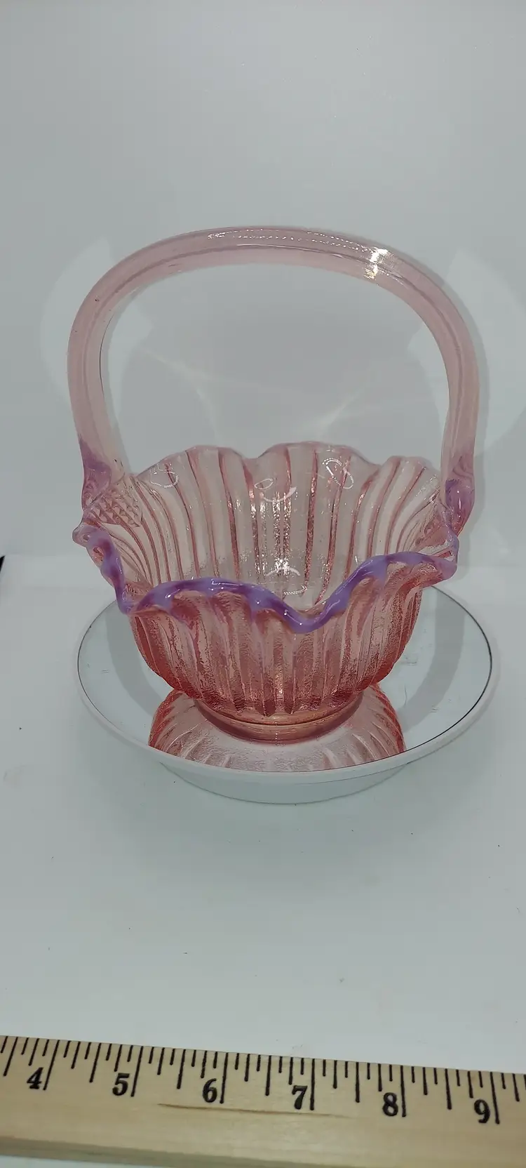 Vintage Pink Opalescent Basket Ribbed Art Glass Scalloped Lip Brides Basket