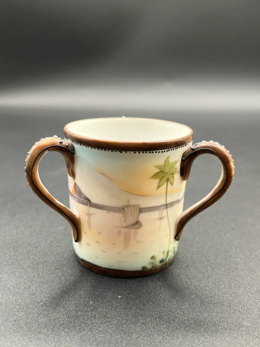 Nippon Hand Painted Ocean Scene 3-Handled Cup With Moriage 2.25”