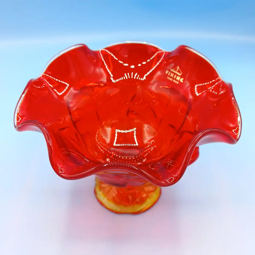 Vintage Viking Amberina Compote Cabbage Leaf Pattern, Cadmium Glow