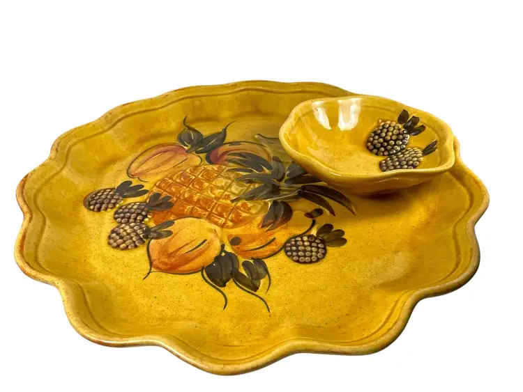 Los Angeles California Pottery 1957 Attached Chip Dip Appetizer Tray Fruit Motif MCM