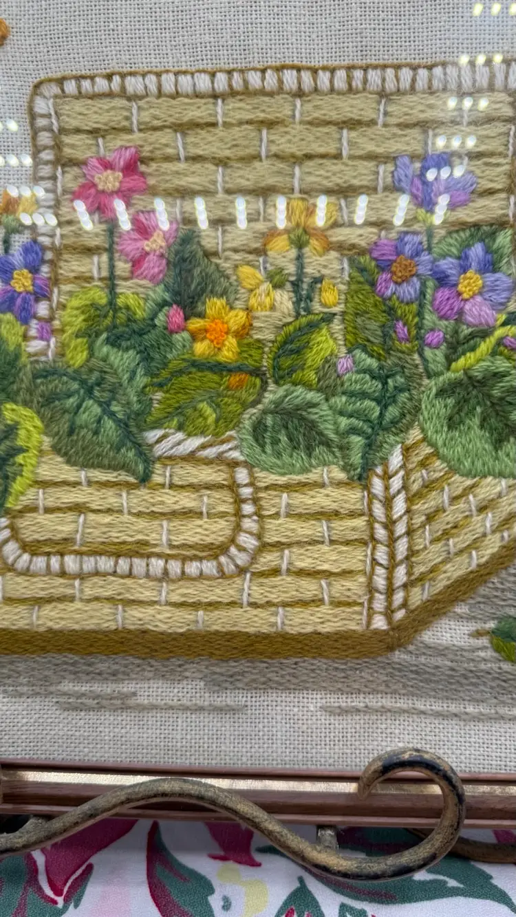 Vintage 1970s Crewel Embroidery Framed Wall Art – "Wildflower Basket with Butterflies" – Vibrant MCM
14”x11”