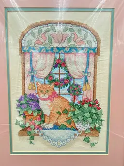 Vintage Handmade Cross Stitch Art, "Cat on a Windowsill", Professionally Framed