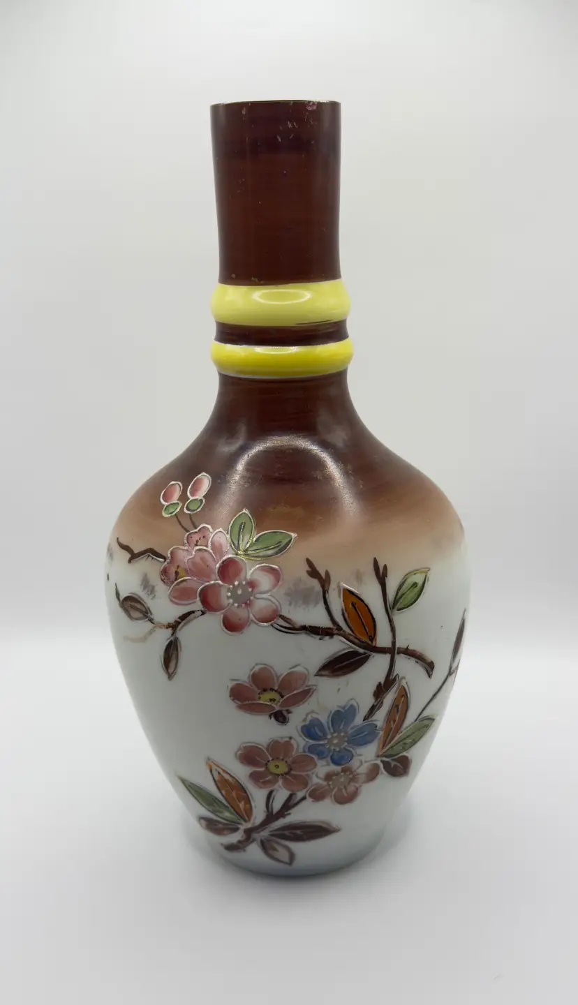 Antique Vintage Opaque White Bristol Glass Hand Blown Vase, Gilded Edge Floral with Hand-Painted Blossoms, Bottom Polished Smooth, Slightly Concave, By Bristol Glass, Made in Attleboro, MA