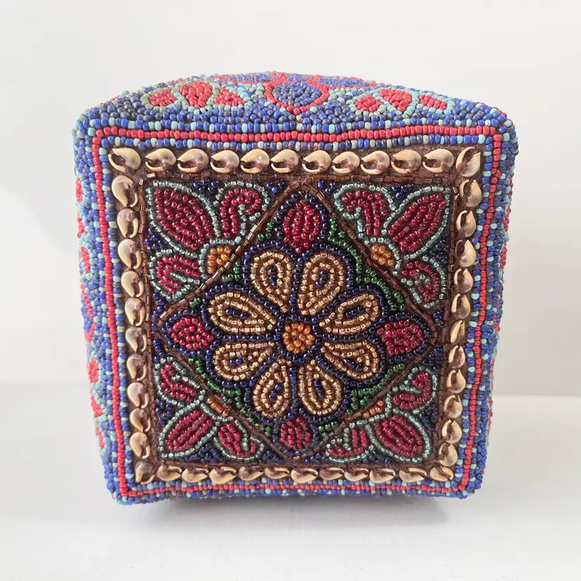 Indonesian Wedding Gift Box Beaded Shell Woven Bamboo Basket Dowry Floral Vtg