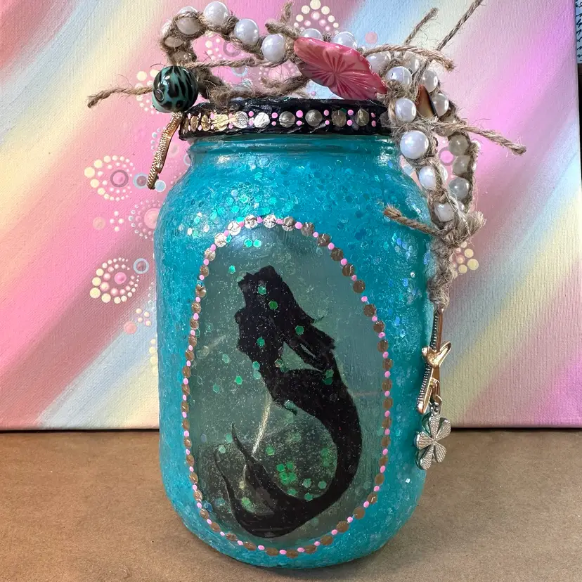 Mermaid Tears Glass Fairy Light Jar Handmade 7”x 4.5
