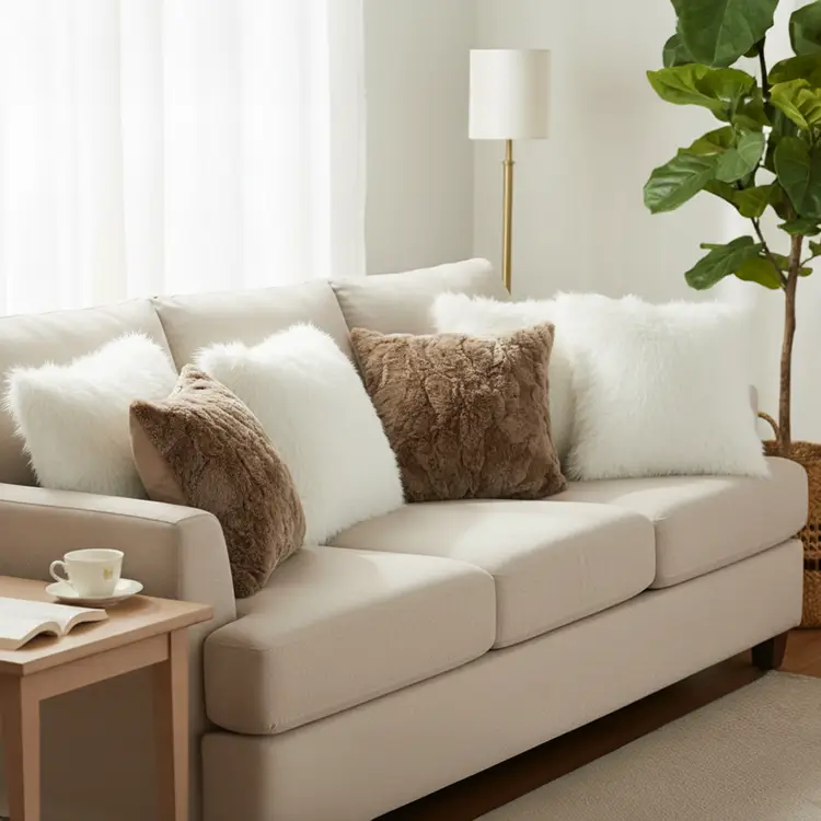 SOGA 6PC Pure White Textured & Luxe Fur Plush Brown Pillow Covers 45cm Luxury Set