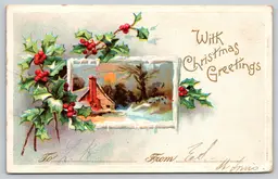 Postcard With Christmas Greetings Embossed Winter Scene Framed by Holly Frigid - 14775