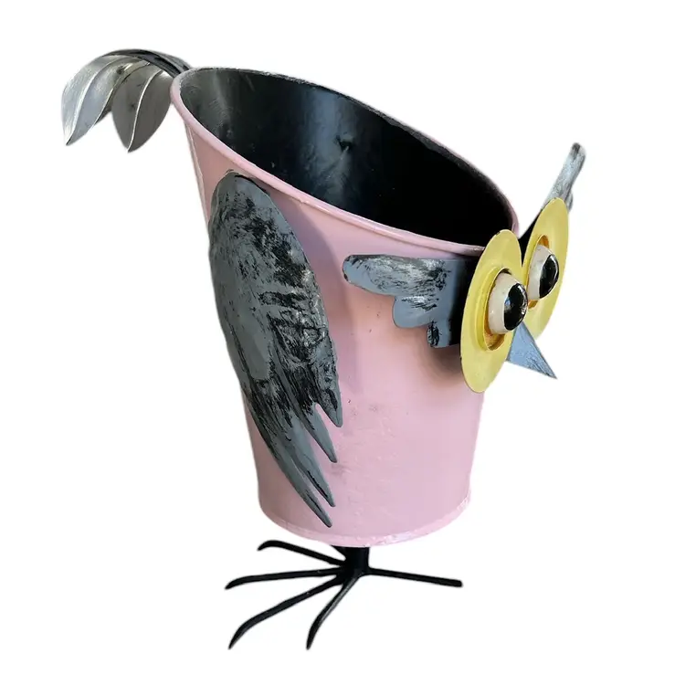 Large Eyed Metal Pink Owl Planter Stand