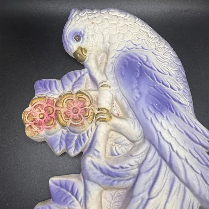 Vintage Chalkware Purple Bird Budgie Wall Hanging 11.5"