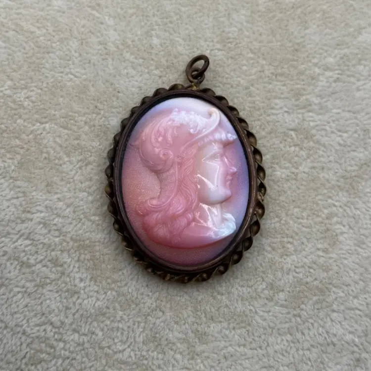 #J23 - Antique Molded Pink Glass Cameo and Mirror Pendant