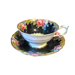 Paragon Black Tapestry Rose Tea Cup and Saucer Set Fine Bone China Double Warrant