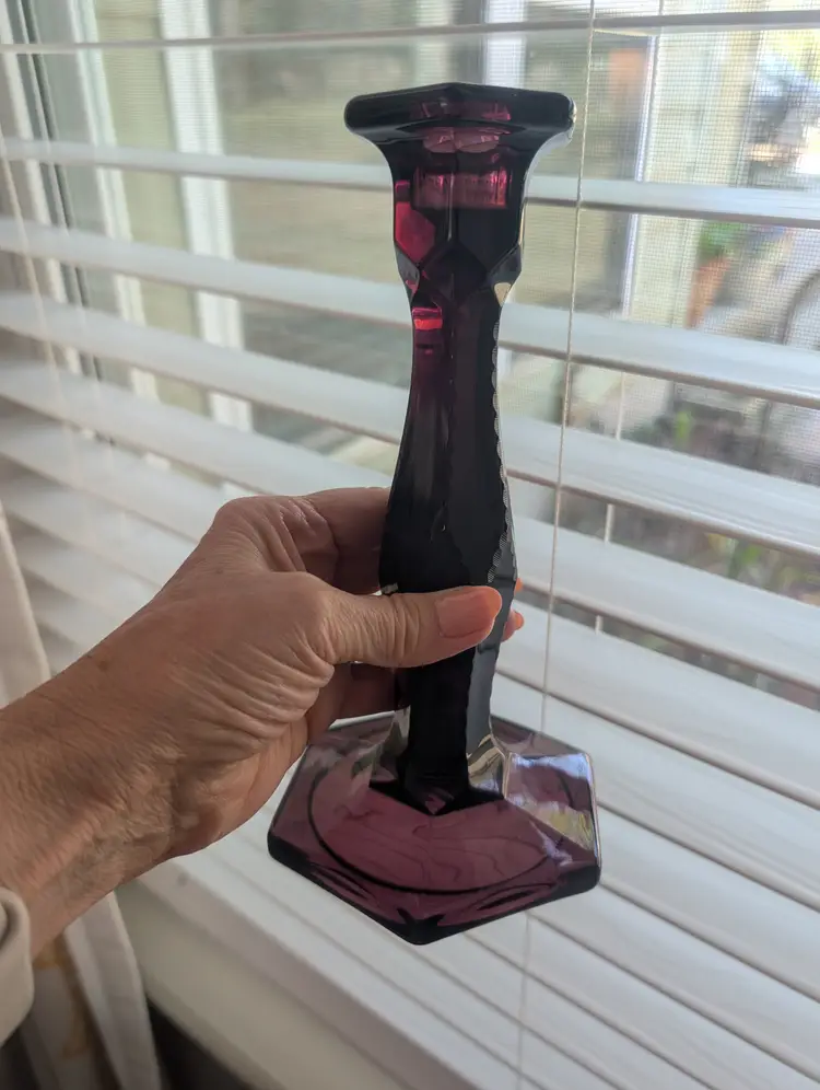 Vintage Amethyst Cut Glass Hexagon Candle Holders 8.5" High Purple Glass