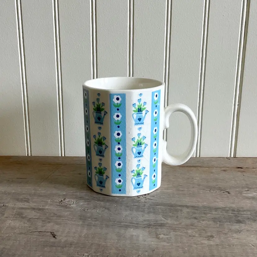 Vintage Mug Otagiri, Blue and White Garden Watering Can and Flowers, Japan, MCM, Mid Century Modern, Chinoiserie, Coffee Cup Tea Cup Mug
