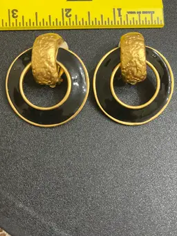 Vintage Ann Klein Heavy Goldtone Black Enamel Door Knocker Clip-on Earrings