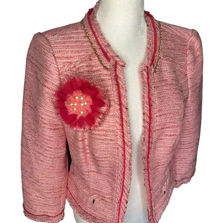 WHBM Pink Tweed Flower Pin Women’s Blazer Size 4