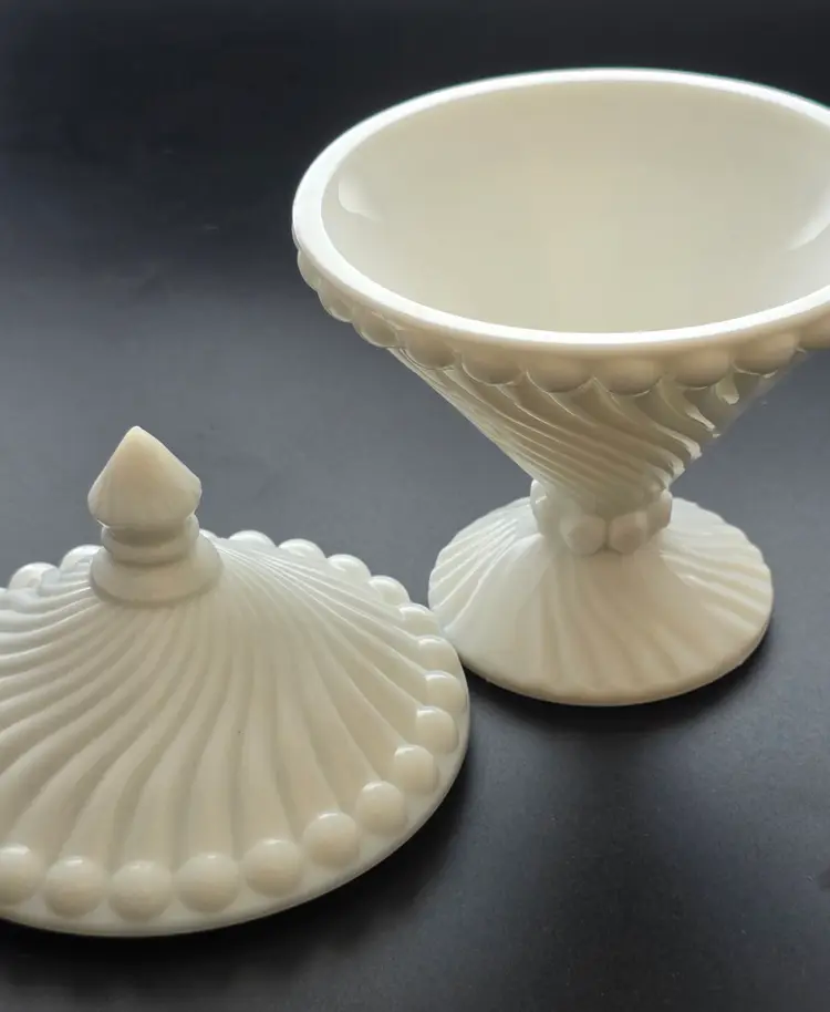 Westmoreland Milk Glass swirl and ball candy dish