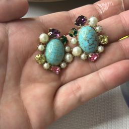 Rhinestone Blue Turquoise Glass Clip On Earrings
