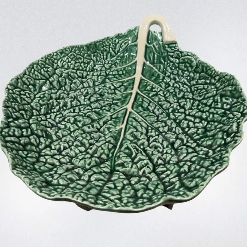 Bordallo Pinheiro - Vintage Majolica- cabbage serving bowl - Stem Handle- Mark is Worn- Chip As Shown - 14” X 12”